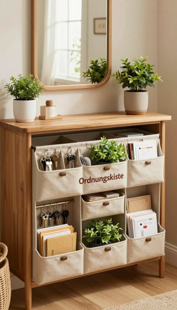 A cozy, inviting entryway featuring a stylish "Ordnungskiste" door organizer. In the foreground, showcase neatly arranged compartments filled with everyday items like keys, mail, and small plants, adding a touch of life. The middle ground highlights a warm wooden console table with a chic mirror above, enhancing the sense of space. In the background, soft, diffused natural lighting filters in through a nearby window, creating an airy atmosphere. The color palette consists of warm earth tones, with touches of greenery to evoke a harmonious, Pinterest-inspired aesthetic. Ensure the scene feels organized yet lived-in, reflecting practicality and style without any text or distractions.