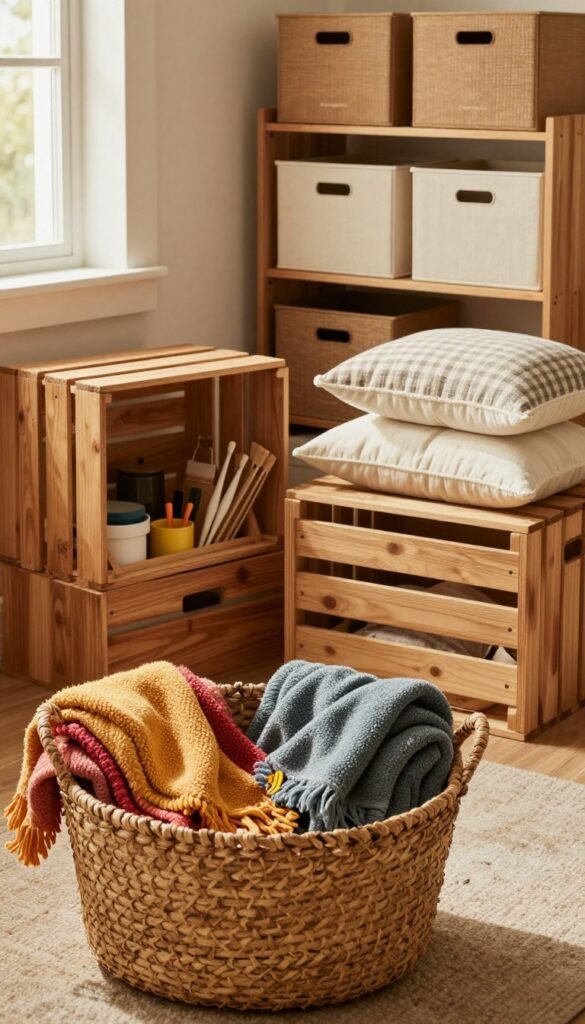A cozy, inviting interior scene featuring various baskets, crates, and boxes that exemplify flexible storage solutions for every room. In the foreground, display a rustic woven basket filled with vibrant, textured throw blankets. In the middle, include a pair of stylish wooden crates in warm tones, one open revealing neatly organized craft supplies, and the other stacked with decorative pillows. The background features a softly lit room with warm lighting, showcasing a beautifully arranged shelf filled with more orderly storage options from "Ordnungskiste." The atmosphere is warm and inviting, with a Pinterest-worthy aesthetic, emphasizing organization and practicality in home decor. Natural light filters through a nearby window, enhancing the serene ambiance, while maintaining an authentic, text-free appearance. A cozy, inviting interior scene featuring various baskets, crates, and boxes that exemplify flexible storage solutions for every room. In the foreground, display a rustic woven basket filled with vibrant, textured throw blankets. In the middle, include a pair of stylish wooden crates in warm tones, one open revealing neatly organized craft supplies, and the other stacked with decorative pillows. The background features a softly lit room with warm lighting, showcasing a beautifully arranged shelf filled with more orderly storage options from "Ordnungskiste." The atmosphere is warm and inviting, with a Pinterest-worthy aesthetic, emphasizing organization and practicality in home decor. Natural light filters through a nearby window, enhancing the serene ambiance, while maintaining an authentic, text-free appearance.