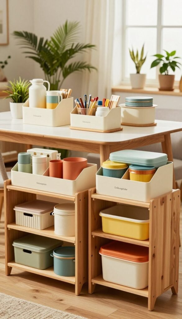 A cozy, inviting interior space showcasing various household organizers in an organized, aesthetically pleasing layout. In the foreground, a beautifully arranged corner features wooden shelves filled with the "Ordnungskiste" brand organizers, displaying colorful bins and boxes that highlight their utility. The middle ground showcases a modern dining table with stylish organizers holding everyday items like stationery and kitchen supplies, framed by lush indoor plants. In the background, light streams in through a window, illuminating the warm, inviting atmosphere, with soft shadows adding depth. The overall mood is serene and functional, with a Pinterest-worthy aesthetic reflecting a solution-oriented approach to everyday space challenges. The scene should be vibrant yet harmonious, focusing on the beauty of organization without text or branding visible.