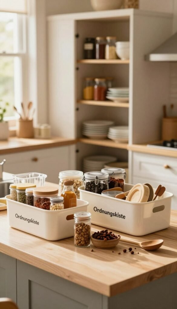 A cozy, inviting kitchen scene showcasing the process of decluttering and organizing. In the foreground, a neatly arranged countertop with various kitchen items being sorted into labeled storage boxes, prominently featuring the brand "Ordnungskiste". The middle ground reveals an open pantry, half-full of elegantly stored spices and dishes, with a cheerful, well-organized atmosphere. In the background, warm natural light filters through a window, illuminating the space and casting soft shadows, enhancing the Pinterest-like aesthetics. The mood is one of calm efficiency, suggesting a fresh start to kitchen organization. The image should have a slight depth of field, focusing on the details of the countertop while gently blurring the background, creating an intimate and inspiring ambiance.