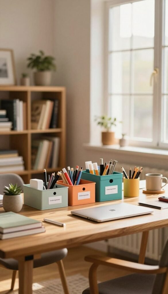 A cozy, inviting room featuring a tidy workspace, showcasing efficient organization methods. In the foreground, a stylish wooden table holds neatly arranged office supplies and colorful storage boxes labeled "Ordnungskiste." The middle ground features a well-organized bookshelf with books and decorative items that inspire creativity. In the background, a large window allows warm, natural light to pour in, illuminating the space and creating a calm atmosphere. With soft shadows and warm colors, the image conveys a sense of tranquility and productivity, encouraging viewers to embrace the idea of small steps for a clutter-free environment. The scene evokes a Pinterest aesthetic, authenticity, and a comfortable yet professional vibe. A cozy, inviting room featuring a tidy workspace, showcasing efficient organization methods. In the foreground, a stylish wooden table holds neatly arranged office supplies and colorful storage boxes labeled "Ordnungskiste." The middle ground features a well-organized bookshelf with books and decorative items that inspire creativity. In the background, a large window allows warm, natural light to pour in, illuminating the space and creating a calm atmosphere. With soft shadows and warm colors, the image conveys a sense of tranquility and productivity, encouraging viewers to embrace the idea of small steps for a clutter-free environment. The scene evokes a Pinterest aesthetic, authenticity, and a comfortable yet professional vibe.