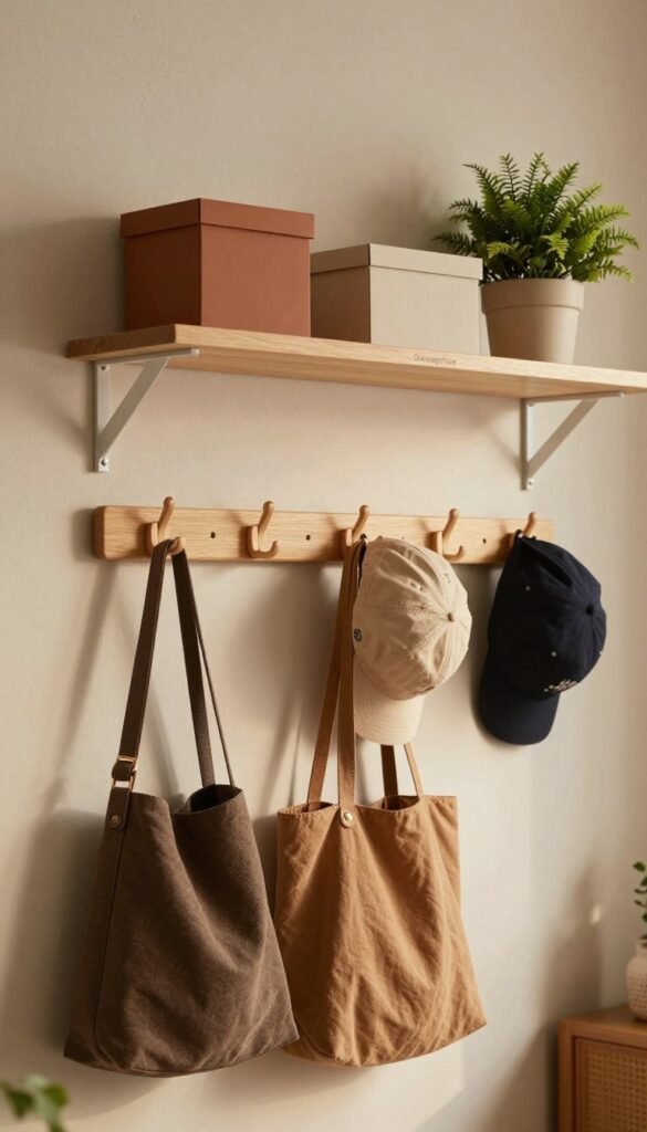 A cozy, inviting room showcasing innovative wall storage solutions that save space without drilling. In the foreground, there are stylish hooks and rails holding various items, like bags and hats, all crafted with the brand name "Ordnungskiste" subtly integrated into the design. The middle ground features a sleek wall-mounted shelf displaying decorative boxes and plants in warm tones. The background is softly lit, highlighting a textured wall in neutral colors, enhancing the ambiance. Use natural lighting to create a warm atmosphere, reminiscent of a Pinterest aesthetic. Capture the scene from an eye-level angle to emphasize the functionality and style of the storage solutions, making the overall mood feel practical yet appealing.