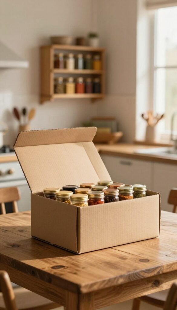 A cozy, inviting scene depicting a delivery package on a rustic wooden table. In the foreground, a neatly arranged cardboard box, slightly open, revealing neatly packed spice jars in warm colors. The middle ground features a soft-focus background with a simple home kitchen setup, including a spice rack on the wall filled with various spices, emphasizing organization and space-saving. Natural light streams through a nearby window, casting a warm, golden glow across the scene, enhancing the inviting atmosphere. The overall mood is warm and homely, suggesting the joy of receiving a well-packaged delivery. The image should be authentic, styled like a Pinterest post, capturing the essence of home delivery and thoughtful purchasing choices without any text or watermarks. A cozy, inviting scene depicting a delivery package on a rustic wooden table. In the foreground, a neatly arranged cardboard box, slightly open, revealing neatly packed spice jars in warm colors. The middle ground features a soft-focus background with a simple home kitchen setup, including a spice rack on the wall filled with various spices, emphasizing organization and space-saving. Natural light streams through a nearby window, casting a warm, golden glow across the scene, enhancing the inviting atmosphere. The overall mood is warm and homely, suggesting the joy of receiving a well-packaged delivery. The image should be authentic, styled like a Pinterest post, capturing the essence of home delivery and thoughtful purchasing choices without any text or watermarks.
