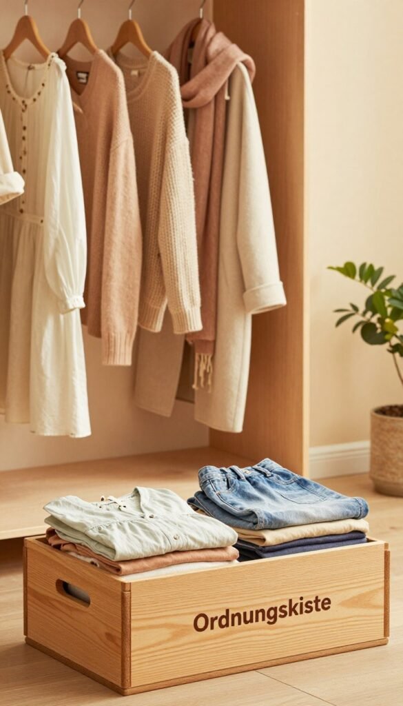 A cozy, inviting scene showcasing seasonal clothing storage. In the foreground, neatly folded summer clothes like light dresses, shorts, and lightweight tops are arranged in a beautifully crafted, natural wooden storage box labeled "Ordnungskiste." In the middle ground, a stylish winter wardrobe is displayed with warm sweaters, scarves, and coats draped elegantly over a colorful backdrop. The background features a softly lit room with warm, golden lighting to create a comfortable atmosphere, complemented by minimalist decor and potted plants that enhance the Pinterest aesthetic. The focus is on the harmony of colors and textures, capturing the essence of caring for delicate and seasonal garments, emphasizing both organization and style.