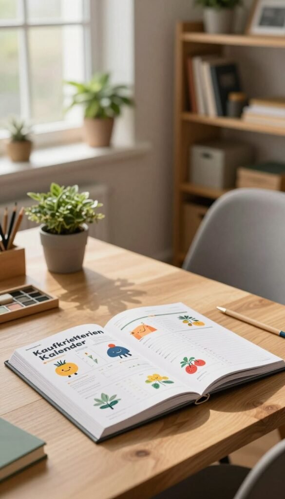 A cozy, inviting workspace featuring a beautifully designed "Kaufkriterien Kalender" from the brand "Ordnungskiste". In the foreground, a neatly organized desk with the calendar open to a page showcasing vibrant illustrations of various purchase criteria. A warm light spills over the desk, creating a soft glow that enhances the natural colors of the objects around it. In the middle ground, a stylish chair and a potted plant add a touch of freshness, while a bookshelf filled with organizational tools and personal items gives depth to the scene. In the background, a window lets in soft natural light, creating an atmosphere of calm productivity. The overall mood is one of inspiration and clarity, reflecting a space designed for effective planning and organization.
