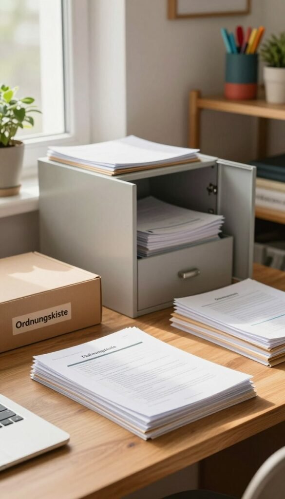 A cozy, inviting workspace showcasing an organized assortment of tenant documents. In the foreground, a wooden desk features a stylishly arranged stack of papers, folders, and a labeled box from "Ordnungskiste," emphasizing easy access. Soft natural light filters through a nearby window, casting warm hues across the scene, creating an atmosphere of calmness and efficiency. The middle includes a neatly organized file cabinet, partially open, revealing additional documents. In the background, shelves colorful with home organization tools and plants add a touch of personality. The image captures the importance of document organization, reflecting a Pinterest-inspired aesthetic with a clean, warm color palette and a sense of tranquility and order.