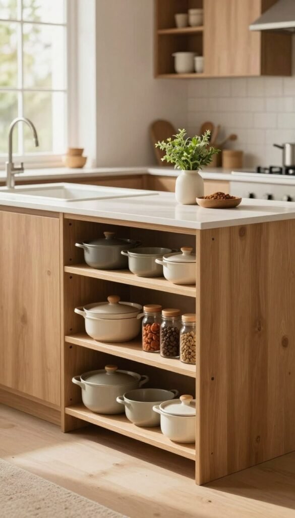 A cozy kitchen corner featuring a stylish, functional "Ordnungskiste" designed for optimal storage and organization. In the foreground, showcase elegant wooden shelves filled with neatly arranged cookware, spices, and kitchen gadgets. The middle ground presents a modern kitchen island with a chic seating area, tastefully decorated with a small vase of fresh herbs. The background reveals warm, natural lighting filtering through large windows, highlighting soft, earthy tones that evoke a welcoming atmosphere. The composition incorporates elements of Scandinavian design for a Pinterest-inspired look, emphasizing simplicity and functionality without any text or branding visible. The overall mood is serene and inviting, perfect for showcasing practical kitchen solutions.