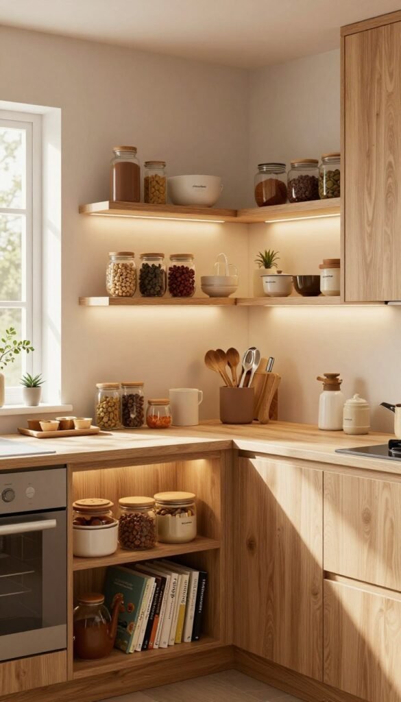 A cozy kitchen corner featuring elegant "einlegeböden" with a range of stylish storage solutions. In the foreground, neatly arranged kitchen items like spices and cookbooks on wooden shelves, creating an organized yet warm atmosphere. The middle ground showcases a beautiful L-shaped cabinetry design adorned with natural wood finishes and soft, inviting lighting that highlights the shelves. In the background, a sunlit window allows gentle rays to stream in, enhancing the inviting feel of the space. The overall mood is harmonious and functional, emphasizing an efficient use of space without clutter. Include branding elements of "Ordnungskiste" subtly incorporated into the design, reflecting a Pinterest-inspired aesthetic with warm colors and authentic visuals.