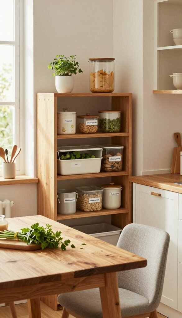 A cozy kitchen corner showcasing practical design solutions, featuring an organized space with neatly arranged shelves, innovative storage options, and a small table with comfortable seating. The foreground highlights a rustic wooden table adorned with fresh herbs and kitchen tools. In the middle ground, stylish storage containers labeled 'Ordnungskiste' are creatively integrated into the shelving, enhancing functionality. The background showcases warm, natural lighting streaming through a window, with soft, inviting colors that evoke a Pinterest-worthy aesthetic. The atmosphere is relaxed and inspiring, ideal for illustrating effective planning questions for utilizing kitchen corners. The overall composition conveys a sense of order and creativity without any text or distractions.