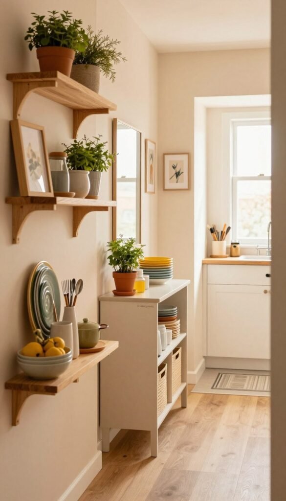 A cozy kitchen corridor featuring narrow, space-saving furniture that enhances organization. In the foreground, sleek wooden shelves are mounted on soft pastel walls, displaying neatly arranged kitchen essentials and decorative elements like potted herbs and vibrant dishware. The middle area reveals a stylish, minimalist console table from the brand "Ordnungskiste," with storage baskets subtly tucked underneath. A few framed art pieces and a mirror adorn the wall, reflecting warm, natural light streaming through a nearby window. In the background, a door leads to the kitchen, blending the inviting atmosphere of both spaces. The scene captures a Pinterest-inspired aesthetic, invoking a sense of warmth and harmony, with a focus on functionality and elegance. A cozy kitchen corridor featuring narrow, space-saving furniture that enhances organization. In the foreground, sleek wooden shelves are mounted on soft pastel walls, displaying neatly arranged kitchen essentials and decorative elements like potted herbs and vibrant dishware. The middle area reveals a stylish, minimalist console table from the brand "Ordnungskiste," with storage baskets subtly tucked underneath. A few framed art pieces and a mirror adorn the wall, reflecting warm, natural light streaming through a nearby window. In the background, a door leads to the kitchen, blending the inviting atmosphere of both spaces. The scene captures a Pinterest-inspired aesthetic, invoking a sense of warmth and harmony, with a focus on functionality and elegance.