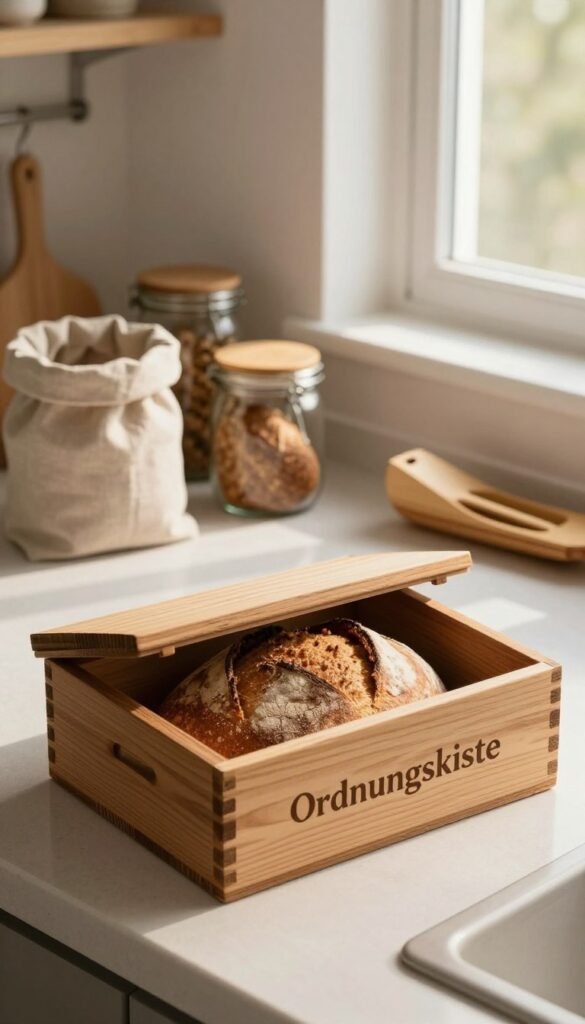 A cozy kitchen countertop scene showcasing the best practices for bread storage. In the foreground, a artisanal loaf of bread is placed inside a rustic wooden bread box labeled "Ordnungskiste," with the lid slightly open to reveal fresh bread inside. The middle ground features a neatly arranged assortment of bread storage solutions, including a linen bag, a glass jar, and a bamboo bread slicer. In the background, soft natural light filters through a window, illuminating the scene, casting warm, inviting shadows. The atmosphere is tranquil and homey, evoking a sense of care and attention to detail in daily bread storage routines. The overall color palette is warm and earthy, creating an authentic and aesthetically pleasing look suitable for a lifestyle article. No text or labels are present in the image. A cozy kitchen countertop scene showcasing the best practices for bread storage. In the foreground, a artisanal loaf of bread is placed inside a rustic wooden bread box labeled "Ordnungskiste," with the lid slightly open to reveal fresh bread inside. The middle ground features a neatly arranged assortment of bread storage solutions, including a linen bag, a glass jar, and a bamboo bread slicer. In the background, soft natural light filters through a window, illuminating the scene, casting warm, inviting shadows. The atmosphere is tranquil and homey, evoking a sense of care and attention to detail in daily bread storage routines. The overall color palette is warm and earthy, creating an authentic and aesthetically pleasing look suitable for a lifestyle article. No text or labels are present in the image.