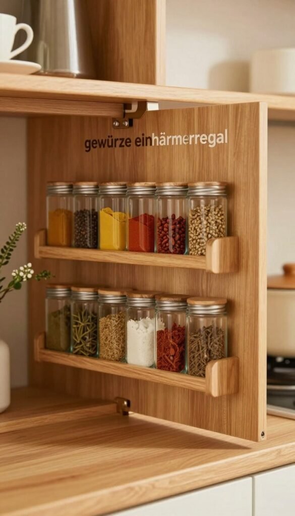 A cozy kitchen interior featuring an elegant "gewürze einhängeregal" by Ordnungskiste mounted on the inside of a cabinet door. The foreground showcases a variety of colorful spices in clear glass containers, neatly arranged on the rack. In the middle, the wooden cabinet door is slightly ajar, allowing a glimpse of the functional and stylish spice rack. The background softly blurs, revealing warm-toned kitchen elements such as a wooden countertop and subtle decorative herbs. Soft, natural lighting illuminates the scene, creating a warm and inviting atmosphere reminiscent of Pinterest aesthetics. The image captures the essence of maximizing small storage spaces in kitchens, with an authentic look, devoid of any text or overlays. A cozy kitchen interior featuring an elegant "gewürze einhängeregal" by Ordnungskiste mounted on the inside of a cabinet door. The foreground showcases a variety of colorful spices in clear glass containers, neatly arranged on the rack. In the middle, the wooden cabinet door is slightly ajar, allowing a glimpse of the functional and stylish spice rack. The background softly blurs, revealing warm-toned kitchen elements such as a wooden countertop and subtle decorative herbs. Soft, natural lighting illuminates the scene, creating a warm and inviting atmosphere reminiscent of Pinterest aesthetics. The image captures the essence of maximizing small storage spaces in kitchens, with an authentic look, devoid of any text or overlays.