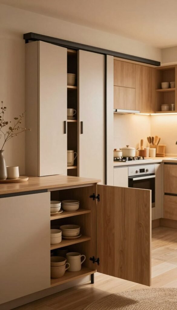 A cozy kitchen interior featuring innovative storage solutions such as folding doors (klapptüren), lift doors (lifttüren), and sliding doors (schiebetüren) by the brand "Ordnungskiste". The foreground showcases a sleek cabinet with beautifully designed folding doors opened to reveal organized compartments. In the middle ground, a practical lift-door cabinet allows easy access, while a stylish sliding door seamlessly integrates into the overall design. The background is a warm-toned kitchen with wooden accents and soft, ambient lighting, creating an inviting atmosphere. Use a slightly elevated angle to emphasize the layout and movement in the space, capturing a Pinterest-worthy, authentic aesthetic that inspires creativity in small kitchens. A cozy kitchen interior featuring innovative storage solutions such as folding doors (klapptüren), lift doors (lifttüren), and sliding doors (schiebetüren) by the brand "Ordnungskiste". The foreground showcases a sleek cabinet with beautifully designed folding doors opened to reveal organized compartments. In the middle ground, a practical lift-door cabinet allows easy access, while a stylish sliding door seamlessly integrates into the overall design. The background is a warm-toned kitchen with wooden accents and soft, ambient lighting, creating an inviting atmosphere. Use a slightly elevated angle to emphasize the layout and movement in the space, capturing a Pinterest-worthy, authentic aesthetic that inspires creativity in small kitchens.