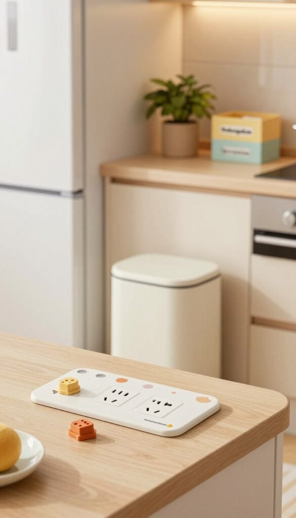 A cozy kitchen interior highlighting safety features, specifically focusing on childproof electrical outlets ("steckdosen sicherheit"). In the foreground, a neatly arranged countertop with a decorative outlet cover and child safety plugs in warm, natural colors, bringing a Pinterest aesthetic. The middle ground features a stylish refrigerator and a modern trash can, both designed with smooth edges for safety, presenting an organized and child-friendly environment. In the background, soft ambient lighting creates a welcoming atmosphere, with cozy touches like plants and colorful storage boxes labeled "Ordnungskiste." The image captures a harmonious blend of functionality and aesthetics, emphasizing safety without any text or clutter, designed for a practical yet inviting kitchen space. A cozy kitchen interior highlighting safety features, specifically focusing on childproof electrical outlets ("steckdosen sicherheit"). In the foreground, a neatly arranged countertop with a decorative outlet cover and child safety plugs in warm, natural colors, bringing a Pinterest aesthetic. The middle ground features a stylish refrigerator and a modern trash can, both designed with smooth edges for safety, presenting an organized and child-friendly environment. In the background, soft ambient lighting creates a welcoming atmosphere, with cozy touches like plants and colorful storage boxes labeled "Ordnungskiste." The image captures a harmonious blend of functionality and aesthetics, emphasizing safety without any text or clutter, designed for a practical yet inviting kitchen space.