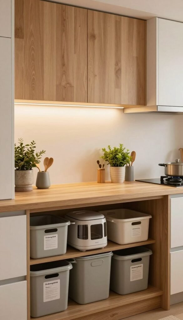 A cozy kitchen interior showcasing a well-organized niche workspace created between a stylish countertop and overhead cabinets. The scene features a warm color palette, emphasizing natural wooden textures and soft lighting that creates a welcoming atmosphere. In the foreground, neatly arranged kitchen appliances and storage boxes labeled "Ordnungskiste" are visible, showcasing efficient use of space. In the middle ground, the countertop is clutter-free, adorned with a few decorative items like potted herbs and minimalistic kitchen tools. The background reveals modern cabinetry with subtle lighting highlighting their sleek design. Capture the scene with a slightly elevated angle to enhance depth, conveying a sense of comfort and functionality in smart home organization. Authentic, Pinterest-inspired imagery without any text or distractions.
