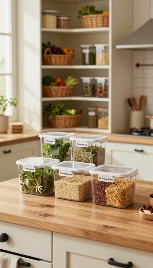A cozy kitchen interior, softly illuminated by warm, natural light filtering through a window. In the foreground, a tidy wooden countertop displays neatly organized "Ordnungskiste" storage containers filled with various herbs, grains, and pulses, showcasing the importance of hygiene and accessibility. The midground features a well-maintained pantry with neatly labeled shelves, emphasizing orderliness, with fresh produce in wicker baskets adding a touch of color. In the background, a rustic kitchen with vintage elements completes the scene, creating a calm and inviting atmosphere. The overall mood is warm and welcoming, perfect for illustrating maintenance and cleanliness in kitchen storage systems. A cozy kitchen interior, softly illuminated by warm, natural light filtering through a window. In the foreground, a tidy wooden countertop displays neatly organized "Ordnungskiste" storage containers filled with various herbs, grains, and pulses, showcasing the importance of hygiene and accessibility. The midground features a well-maintained pantry with neatly labeled shelves, emphasizing orderliness, with fresh produce in wicker baskets adding a touch of color. In the background, a rustic kitchen with vintage elements completes the scene, creating a calm and inviting atmosphere. The overall mood is warm and welcoming, perfect for illustrating maintenance and cleanliness in kitchen storage systems.
