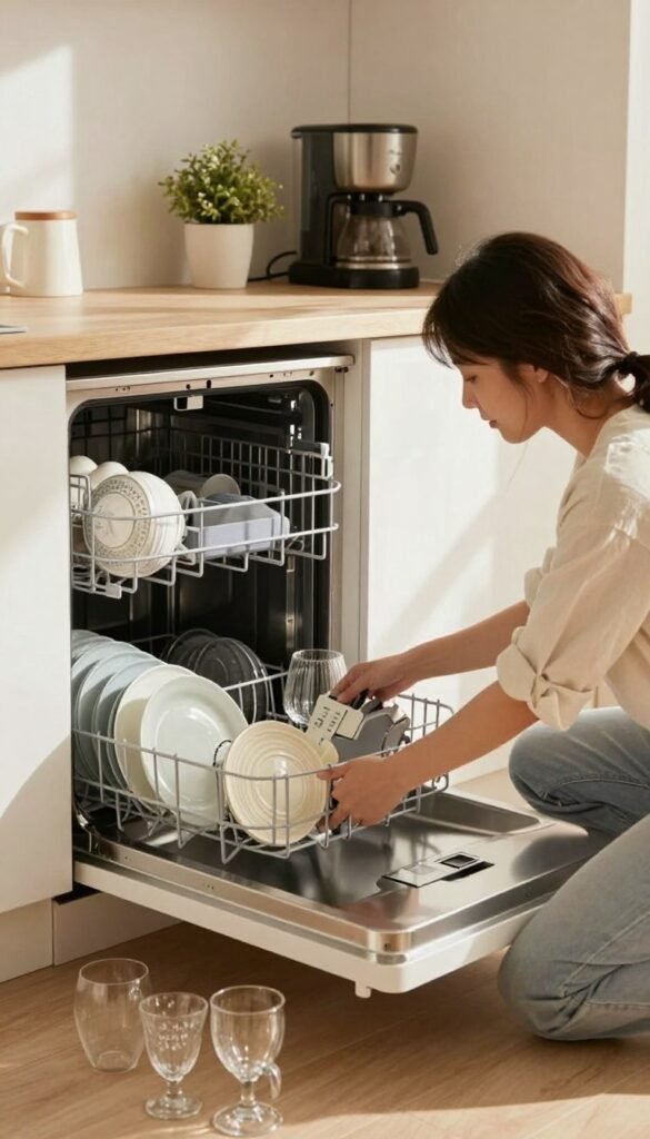 A cozy kitchen scene bathed in warm morning light, showcasing a woman in modest casual clothing diligently loading a modern dishwasher, surrounded by organized dishes and utensils. The foreground features sparkling plates and glassware neatly arranged, while the middle ground highlights the open dishwasher filled with neatly stacked items, emphasizing a sense of order. The background displays a tidy kitchen with subtle decor, including a small plant and a coffee maker. The atmosphere exudes tranquility and efficiency, perfect for a morning routine. The image aligns with the brand "Ordnungskiste," capturing an authentic, Pinterest-inspired aesthetic without any text or distractions.