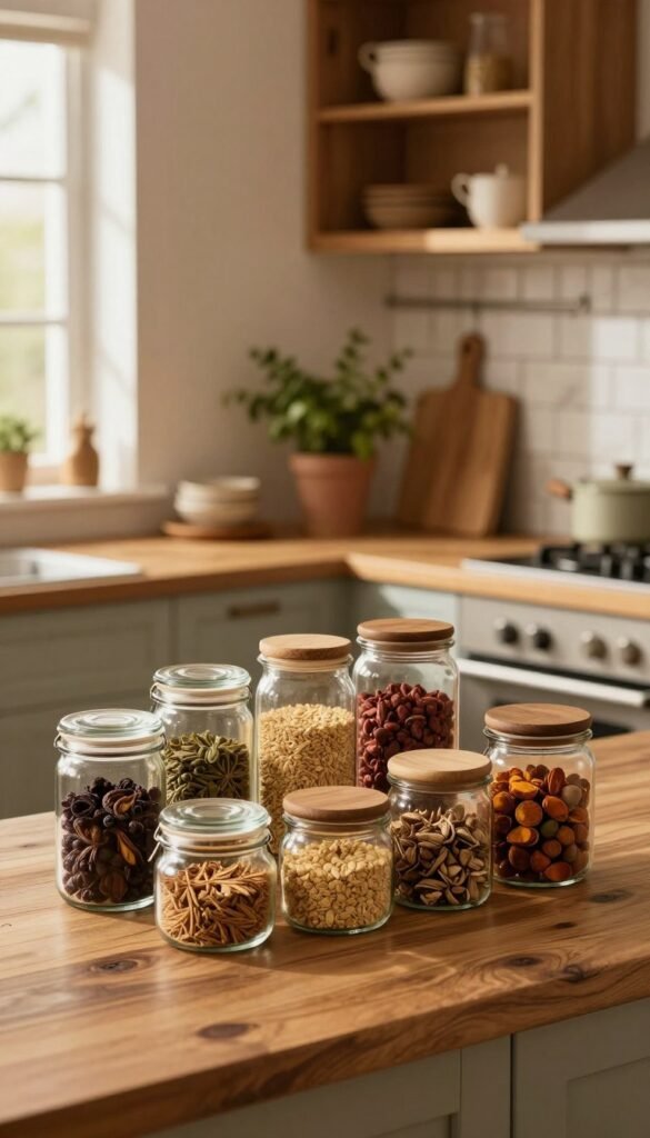 A cozy kitchen scene designed around different kitchen types, featuring various styles of storage jars. In the foreground, a modern glass jar set is neatly organized on a rustic wooden countertop, showcasing a variety of shapes, sizes, and contents, like spices, grains, and dried fruits. The middle ground features an open kitchen layout with a blend of contemporary and farmhouse elements, including wooden cabinetry, a stylish backsplash, and potted herbs. In the background, warm light filters through a window, highlighting the warm color palette and an inviting atmosphere. The overall mood is serene and functional, perfect for promoting organization and aesthetics in the kitchen, with an emphasis on natural imagery and the warmth of home. A cozy kitchen scene designed around different kitchen types, featuring various styles of storage jars. In the foreground, a modern glass jar set is neatly organized on a rustic wooden countertop, showcasing a variety of shapes, sizes, and contents, like spices, grains, and dried fruits. The middle ground features an open kitchen layout with a blend of contemporary and farmhouse elements, including wooden cabinetry, a stylish backsplash, and potted herbs. In the background, warm light filters through a window, highlighting the warm color palette and an inviting atmosphere. The overall mood is serene and functional, perfect for promoting organization and aesthetics in the kitchen, with an emphasis on natural imagery and the warmth of home.