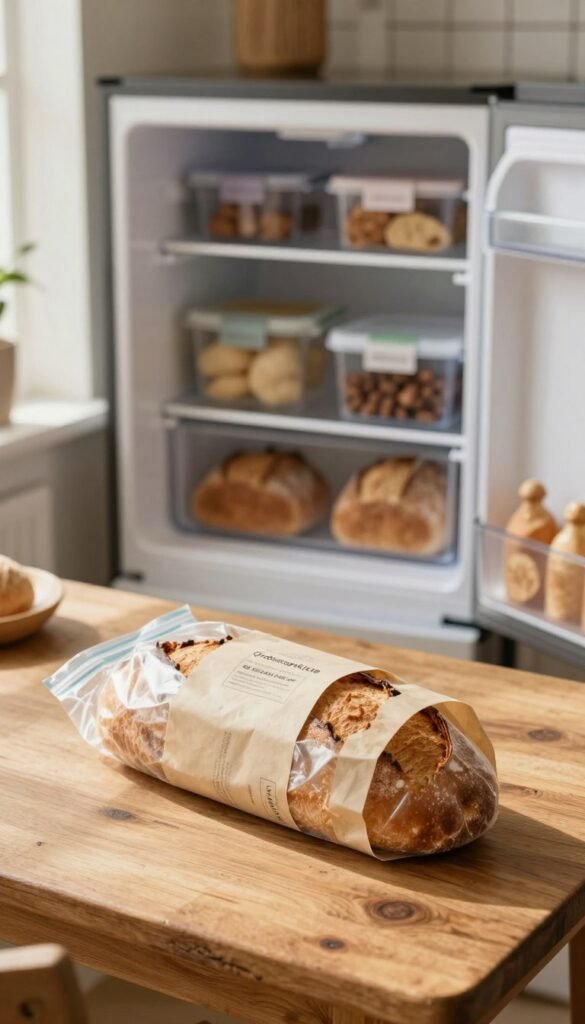 A cozy kitchen scene featuring a rustic wooden table with freshly baked loaves of bread being carefully wrapped in eco-friendly materials, ready to be frozen. In the foreground, focus on a loaf being placed into a clear, sealed freezer bag, showcasing the texture of the crust. In the middle ground, display a partially open freezer with neatly organized containers, emphasizing an orderly storage solution. The background should hint at a warm, inviting kitchen atmosphere, with soft natural light filtering through a window, casting gentle shadows. The colors should be warm and inviting, embodying a Pinterest aesthetic. A subtly branded label with "Ordnungskiste" on the freezer door enhances the authenticity, maintaining a professional and homey feel without any text or distractions. A cozy kitchen scene featuring a rustic wooden table with freshly baked loaves of bread being carefully wrapped in eco-friendly materials, ready to be frozen. In the foreground, focus on a loaf being placed into a clear, sealed freezer bag, showcasing the texture of the crust. In the middle ground, display a partially open freezer with neatly organized containers, emphasizing an orderly storage solution. The background should hint at a warm, inviting kitchen atmosphere, with soft natural light filtering through a window, casting gentle shadows. The colors should be warm and inviting, embodying a Pinterest aesthetic. A subtly branded label with "Ordnungskiste" on the freezer door enhances the authenticity, maintaining a professional and homey feel without any text or distractions.