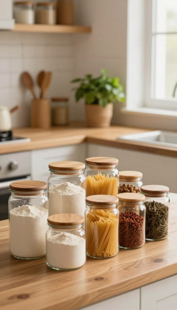 A cozy kitchen scene featuring a stylish storage setup. In the foreground, a beautifully arranged display of clear glass jars filled with various pantry staples like flour, pasta, and spices, showcasing a unified aesthetic with wooden lids. The middle ground highlights a modern kitchen countertop made of natural materials, complemented by subtle elements like utensils and a potted herb plant for a touch of greenery. In the background, soft, warm lighting filters through a window, casting a gentle glow that enhances the inviting atmosphere. The overall color palette is warm and earthy, evoking a Pinterest-inspired look that feels both authentic and organized, without any text or distractions in the image. A cozy kitchen scene featuring a stylish storage setup. In the foreground, a beautifully arranged display of clear glass jars filled with various pantry staples like flour, pasta, and spices, showcasing a unified aesthetic with wooden lids. The middle ground highlights a modern kitchen countertop made of natural materials, complemented by subtle elements like utensils and a potted herb plant for a touch of greenery. In the background, soft, warm lighting filters through a window, casting a gentle glow that enhances the inviting atmosphere. The overall color palette is warm and earthy, evoking a Pinterest-inspired look that feels both authentic and organized, without any text or distractions in the image.