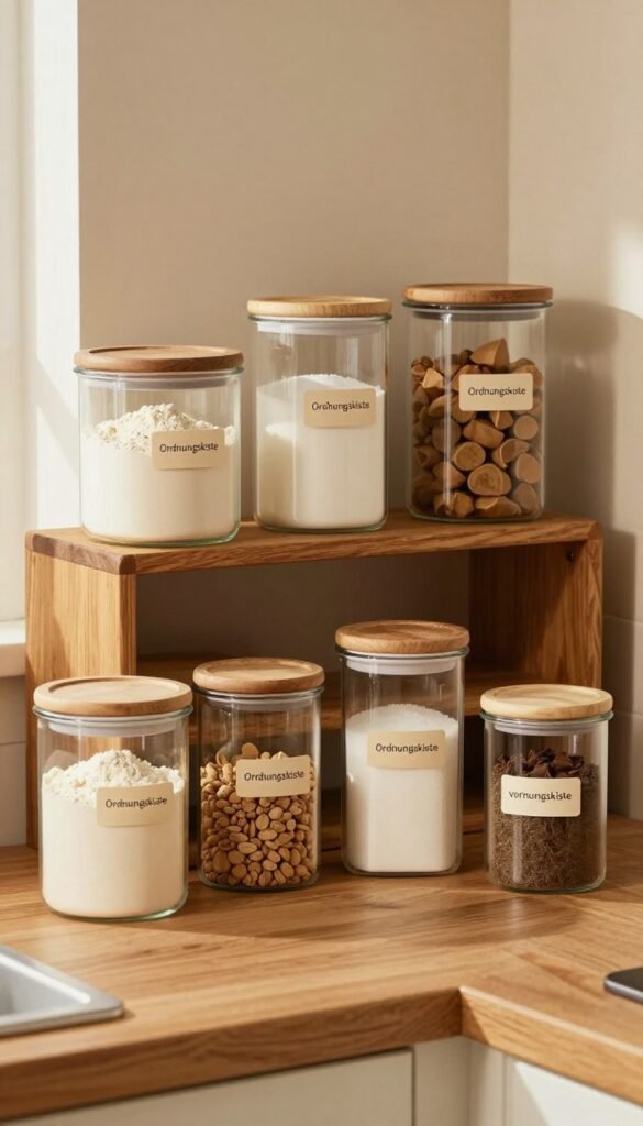 A cozy kitchen scene featuring a variety of labeled storage containers, specifically "Ordnungskiste" brand vorratsdosen, neatly arranged on a wooden countertop. The foreground highlights several glass and metal containers filled with different baking ingredients such as flour, sugar, and spices, showcasing their labels for easy identification. In the middle, a rustic wooden shelf displays additional vorratsdosen, each uniquely shaped and styled, radiating a homey atmosphere. The background includes soft, warm lighting filtering through a window, casting gentle shadows that enhance the natural textures of the kitchen. The overall mood is inviting and organized, evoking a sense of practicality and aesthetic charm, perfect for everyday baking. A cozy kitchen scene featuring a variety of labeled storage containers, specifically "Ordnungskiste" brand vorratsdosen, neatly arranged on a wooden countertop. The foreground highlights several glass and metal containers filled with different baking ingredients such as flour, sugar, and spices, showcasing their labels for easy identification. In the middle, a rustic wooden shelf displays additional vorratsdosen, each uniquely shaped and styled, radiating a homey atmosphere. The background includes soft, warm lighting filtering through a window, casting gentle shadows that enhance the natural textures of the kitchen. The overall mood is inviting and organized, evoking a sense of practicality and aesthetic charm, perfect for everyday baking.
