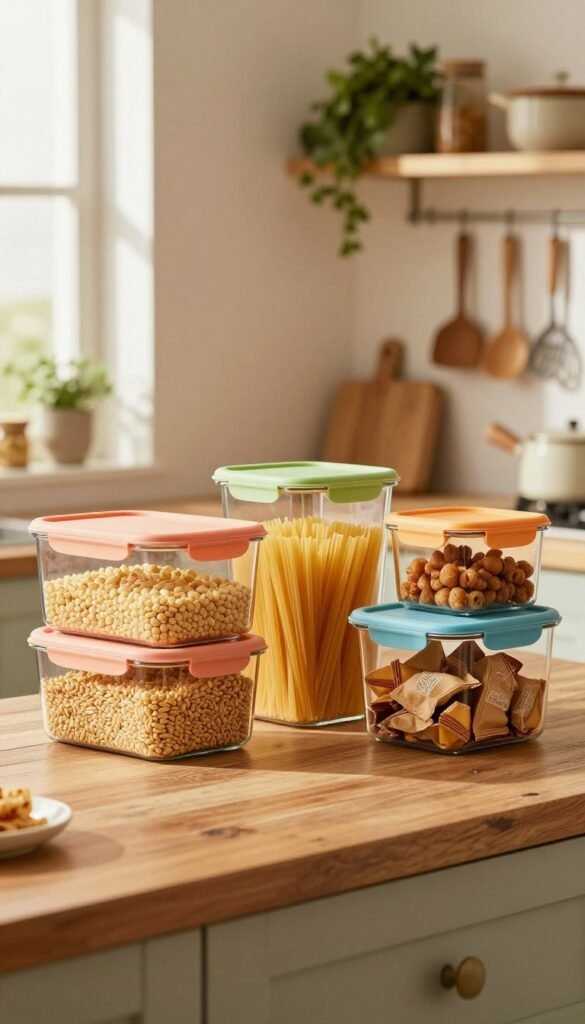 A cozy kitchen scene featuring affordable, airtight storage boxes lined neatly on a rustic kitchen counter. The boxes are made of transparent glass with colorful silicone lids, allowing the vibrant contents, such as grains, pasta, and snacks, to be seen. Soft, warm lighting filters in through a nearby window, casting gentle shadows and enhancing the inviting atmosphere. In the background, display simple wooden shelves filled with herbs and cooking utensils, hinting at a functional yet stylish kitchen design. The overall mood is homey and practical, appealing to budget-conscious readers seeking efficient kitchen solutions. The image embodies a Pinterest-inspired aesthetic, showcasing an organized and cheerful kitchen space without any text or distractions.