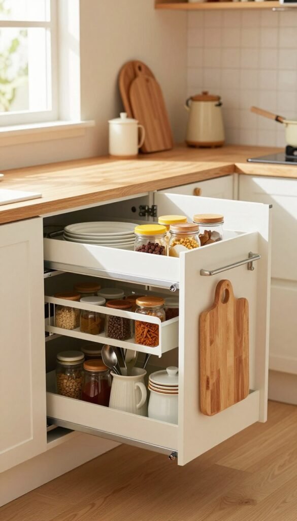 A cozy kitchen scene featuring an innovative pull-out shelf organizer, designed for small spaces. In the foreground, a sleek, modern kitchen cabinet with an open drawer displaying neatly arranged kitchen essentials like spices, utensils, and cutting boards. The middle ground shows bright, organized dishes and jars, enhancing the sense of order. The background reveals a warm, inviting kitchen with soft natural lighting streaming through a window, illuminating the wooden textures and pastel-colored walls. The atmosphere is one of functional elegance, reflecting a Pinterest-inspired aesthetic, with soft shadows and a homely touch that emphasizes utility and beauty. The image is free of text or any distractions, focusing on the practical yet stylish design of the kitchen organizer.