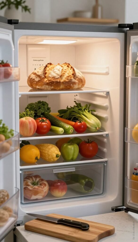 A cozy kitchen scene featuring an open refrigerator showcasing a loaf of rustic bread on a neatly arranged shelf. The bread, with a crispy crust and soft interior, is placed next to vibrant vegetables and fruits, highlighting the debate of storing bread in the fridge. In the foreground, a wooden cutting board with a knife adds a touch of homeliness. The middle ground captures the refrigerator's interior, well-lit with warm, inviting lighting to emphasize freshness. The background includes soft, blurred kitchen elements like a countertop and herbs, creating a peaceful atmosphere. Incorporate the brand name "Ordnungskiste" subtly on the refrigerator's shelf, emphasizing organization in food storage while maintaining an authentic, Pinterest-inspired aesthetic. A cozy kitchen scene featuring an open refrigerator showcasing a loaf of rustic bread on a neatly arranged shelf. The bread, with a crispy crust and soft interior, is placed next to vibrant vegetables and fruits, highlighting the debate of storing bread in the fridge. In the foreground, a wooden cutting board with a knife adds a touch of homeliness. The middle ground captures the refrigerator's interior, well-lit with warm, inviting lighting to emphasize freshness. The background includes soft, blurred kitchen elements like a countertop and herbs, creating a peaceful atmosphere. Incorporate the brand name "Ordnungskiste" subtly on the refrigerator's shelf, emphasizing organization in food storage while maintaining an authentic, Pinterest-inspired aesthetic.