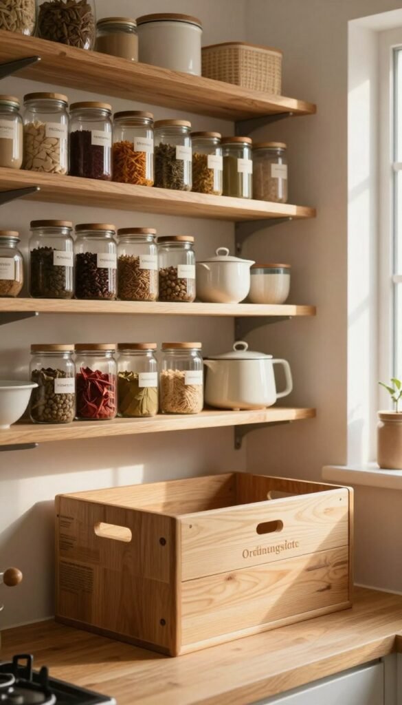 A cozy kitchen scene featuring narrow shelves filled with organized spices, pantry items, and small kitchen appliances, all neatly arranged in a warm, inviting atmosphere. The foreground showcases a beautifully crafted Ordnungskiste wooden storage box, highlighting its functionality and aesthetic appeal. In the middle background, the shelves are adorned with labeled jars and containers, creating a Pinterest-worthy look. Soft, natural lighting filters through a nearby window, casting gentle shadows and enhancing the warm color palette of the kitchen. The ambiance is serene and organized, reflecting the essence of practical home storage solutions. The angle captures the kitchen's layout, illustrating the efficient use of limited space without any text or distractions.