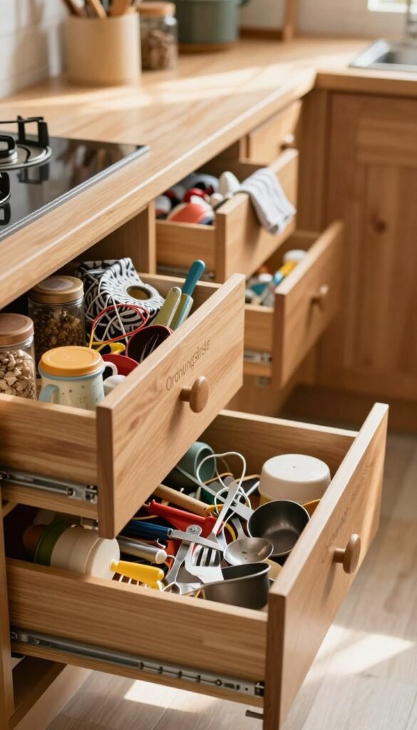 A cozy kitchen scene featuring small, chaotic kitchen drawers overflowing with various utensils, tools, and gadgets. In the foreground, an open drawer cluttered with mismatched cutlery, a measuring cup, and a tangle of cooking gadgets. In the middle ground, several other drawers slightly ajar, showcasing a mix of spices in jars, kitchen towels, and random kitchen items spilling out. The background reveals a warm, inviting kitchen with wooden cabinets and a soft, diffuse sunlight filtering through a window, creating a cozy atmosphere. The style embodies a Pinterest aesthetic with natural textures and warm colors, promoting an authentic feel. Emphasize the brand “Ordnungskiste” subtly within the scene, perhaps as a design element on the drawer or packaging. The overall mood is a mix of creativity and mild chaos, illustrating the challenges of small kitchen organization. A cozy kitchen scene featuring small, chaotic kitchen drawers overflowing with various utensils, tools, and gadgets. In the foreground, an open drawer cluttered with mismatched cutlery, a measuring cup, and a tangle of cooking gadgets. In the middle ground, several other drawers slightly ajar, showcasing a mix of spices in jars, kitchen towels, and random kitchen items spilling out. The background reveals a warm, inviting kitchen with wooden cabinets and a soft, diffuse sunlight filtering through a window, creating a cozy atmosphere. The style embodies a Pinterest aesthetic with natural textures and warm colors, promoting an authentic feel. Emphasize the brand “Ordnungskiste” subtly within the scene, perhaps as a design element on the drawer or packaging. The overall mood is a mix of creativity and mild chaos, illustrating the challenges of small kitchen organization.