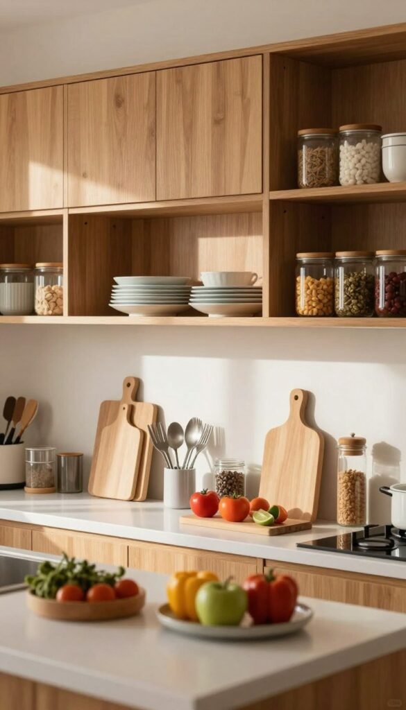 A cozy kitchen scene filled with natural light, showcasing a stylish, modern layout. In the foreground, a well-organized countertop displays various kitchen tools arranged neatly, such as cutting boards, utensils, and colorful ingredients. The middle section features open shelves with neatly stacked dishware and jars of dried goods, conveying an inviting atmosphere. In the background, warm wooden cabinets hold neatly organized supplies, highlighting the potential for chaos despite their presence. The lighting is soft and warm, creating a welcoming ambiance reminiscent of a Pinterest aesthetic. Capture the essence of effective kitchen organization while hinting at the struggles of maintaining order. No human subjects are present, keeping the focus on the kitchen's beauty and functionality.