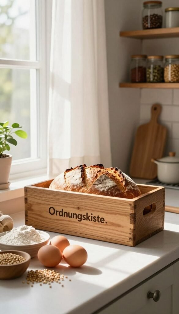 A cozy kitchen scene focusing on an inviting countertop adorned with a loaf of freshly baked bread resting inside a rustic wooden bread box from the brand "Ordnungskiste." In the foreground, there's a vibrant arrangement of ingredients used for baking, such as flour, eggs, and speckled grain. The middle ground captures soft, natural light coming through a window draped with light sheer curtains, casting gentle shadows that create a warm atmosphere. In the background, shelves filled with spices, jars, and kitchen tools emphasize organization and freshness in storage conditions. The overall mood is homey and inviting, embodying the ideal climate for bread preservation, with a color palette of warm browns, soft whites, and hints of green, evoking a natural, Pinterest-style aesthetic. A cozy kitchen scene focusing on an inviting countertop adorned with a loaf of freshly baked bread resting inside a rustic wooden bread box from the brand "Ordnungskiste." In the foreground, there's a vibrant arrangement of ingredients used for baking, such as flour, eggs, and speckled grain. The middle ground captures soft, natural light coming through a window draped with light sheer curtains, casting gentle shadows that create a warm atmosphere. In the background, shelves filled with spices, jars, and kitchen tools emphasize organization and freshness in storage conditions. The overall mood is homey and inviting, embodying the ideal climate for bread preservation, with a color palette of warm browns, soft whites, and hints of green, evoking a natural, Pinterest-style aesthetic.