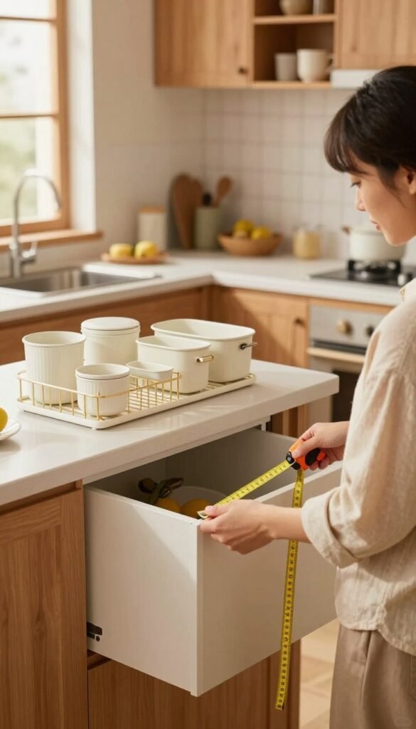 A cozy kitchen scene showcasing a person taking measurements for a kitchen organizer. In the foreground, a woman in casual, professional attire holds a measuring tape, focused on a stylish cabinet. The middle ground features various kitchen organizers, such as containers and racks, neatly arranged on a countertop. The background shows a warm, inviting kitchen with wooden cabinetry and soft, natural lighting filtering through a window, creating a Pinterest-worthy atmosphere. The colors are warm and inviting, emphasizing organization and space-saving solutions. The angle captures both the measuring process and the potential for improved storage, highlighting practical and aesthetic elements.