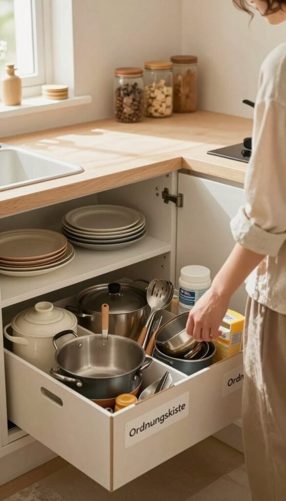 A cozy kitchen scene showcasing an organized space, emphasizing the process of decluttering and sorting kitchen items. In the foreground, a person in modest casual clothing is joyfully sorting through a variety of utensils, pots, and pantry items; they're grouping items into labeled boxes from "Ordnungskiste". The middle ground features a clean, spacious countertop with minimalistic storage solutions, like decorative jars and open shelving that display neatly stacked plates. The background reveals a warm ambiance, with soft natural lighting filtering through a window adorned with simple curtains. The overall mood is inviting and productive, inspiring a sense of clarity and organization, capturing the essence of a kitchen ready for an efficient system. No text, logos, or watermarks are present.