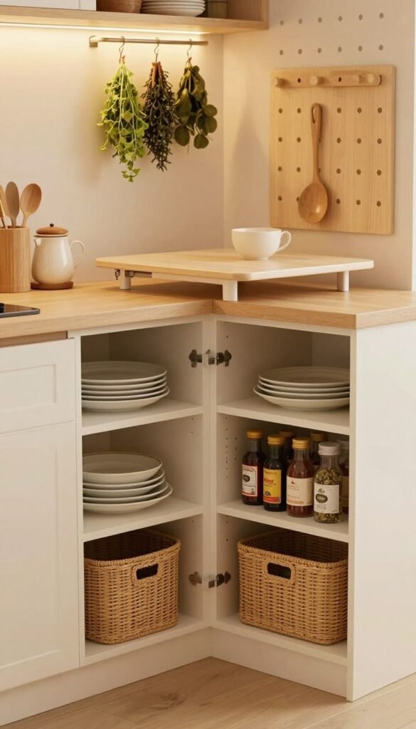 A cozy kitchen scene showcasing innovative storage solutions in niche corners and hidden spaces. In the foreground, a corner cabinet with open shelves displaying neatly organized dishes and spices, complemented by woven baskets for additional storage. The middle ground features a small kitchen island with built-in drawers and a pull-out table, providing ample surface area for meal prep. The background highlights an accent wall with hanging herbs and a pegboard for kitchen gadgets. Soft, warm lighting illuminates the space, creating a welcoming atmosphere. The image should have a stylish, Pinterest-inspired aesthetic with natural colors, emphasizing warmth and authenticity, without any text or clutter.