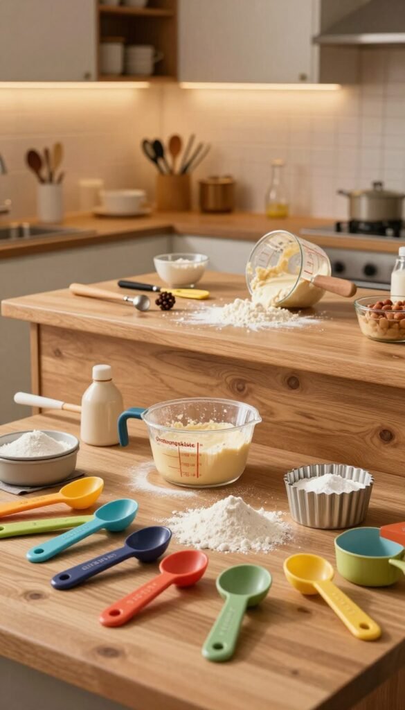 A cozy kitchen scene showcasing the chaos caused by various measuring cups and baking tools from "Ordnungskiste." In the foreground, a cluttered countertop filled with colorfully arranged measuring spoons, flour, and baking tins, all in warm, natural tones. In the middle ground, a stylish, wooden kitchen island with an unmade cake batter, scattered ingredients, and a measuring cup tipped over, spilling flour. The background features softly lit cabinets with neatly organized baking tools peeking out. The atmosphere is warm and inviting, with soft lighting that creates gentle shadows. Shot at a slight angle to capture depth, evoking a Pinterest aesthetic that feels both authentic and relatable.
