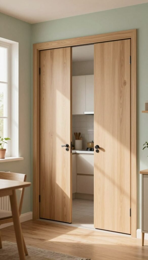 A cozy kitchen scene showcasing various door solutions, including a swinging door, sliding door, and an open space configuration. In the foreground, soft, warm light filters through a window, creating a welcoming atmosphere. The walls are adorned with pale pastel colors, and natural wood textures enhance authenticity. In the middle, the kitchen layout features modern cabinetry and a small dining area, illustrating how different door styles affect the perception of space. The background displays a subtle, blurred view of a stylish, minimalistic design, emphasizing the open and organized feel of the kitchen. The angle captures the interplay of light and shadow, inspiring a sense of functionality and comfort.
