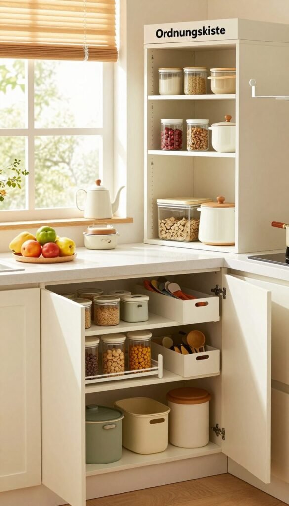 A cozy kitchen scene with a beautifully organized "Ordnungskiste" closet, showcasing various storage solutions for a family. In the foreground, open cabinet doors display neatly arranged containers, spices, and kitchen utensils. The middle ground features a pristine countertop with a few colorful fruits and engaging kitchen gadgets. The background consists of soft light streaming through a window, casting warm hues across the room. The atmosphere is bright and inviting, encouraging a sense of order and tranquility. The overall aesthetic is natural and visually appealing, resembling a Pinterest-worthy layout. Emphasize cleanliness, functionality, and warmth without any text or distractions in the image.