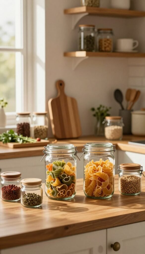 A cozy kitchen setting featuring an array of stylish vorratsglas (storage jars) arranged neatly on a wooden countertop. In the foreground, two medium-sized glass jars filled with colorful pasta, and smaller jars with spices and grains create a harmonious display. The middle layer includes a rustic wooden cutting board and fresh herbs, enhancing the homey atmosphere. In the background, light, soft focus shows shelves sparingly stocked with more storage jars and kitchen utensils. Golden hour sunlight streams in from a nearby window, casting gentle shadows and warm highlights, evoking a sense of calm and organization. The overall mood feels inviting and practical, with a Pinterest-worthy aesthetic that emphasizes budget-friendly simplicity. A cozy kitchen setting featuring an array of stylish vorratsglas (storage jars) arranged neatly on a wooden countertop. In the foreground, two medium-sized glass jars filled with colorful pasta, and smaller jars with spices and grains create a harmonious display. The middle layer includes a rustic wooden cutting board and fresh herbs, enhancing the homey atmosphere. In the background, light, soft focus shows shelves sparingly stocked with more storage jars and kitchen utensils. Golden hour sunlight streams in from a nearby window, casting gentle shadows and warm highlights, evoking a sense of calm and organization. The overall mood feels inviting and practical, with a Pinterest-worthy aesthetic that emphasizes budget-friendly simplicity.