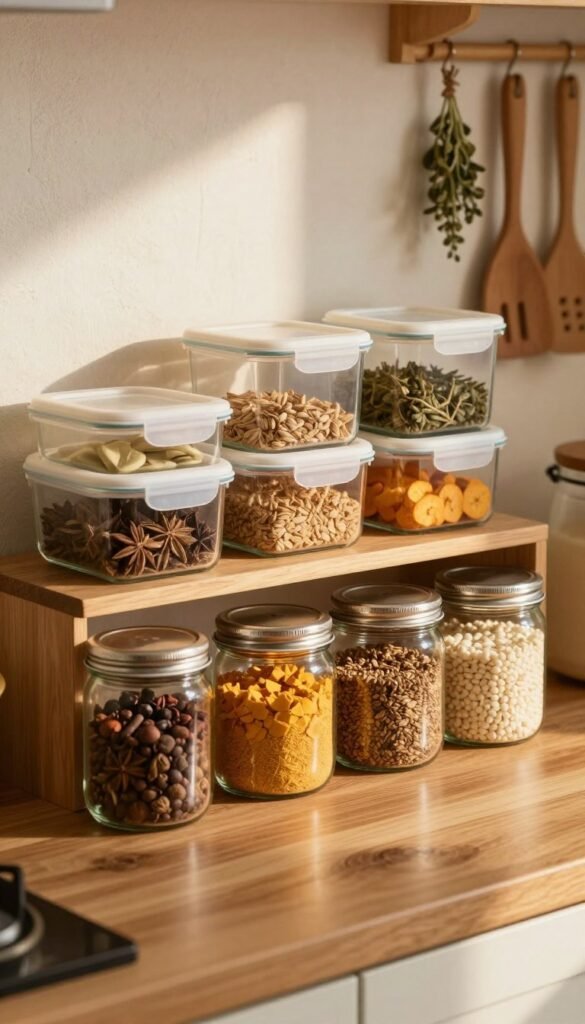 A cozy kitchen setting showcasing a variety of airtight storage containers, neatly arranged on a wooden countertop. In the foreground, there are glass jars with polished metal lids, filled with colorful spices and grains, casting soft reflections in warm natural light. The middle layer reveals a collection of plastic and glass containers, each labeled and organized, providing a tidy and inviting look. The background features a rustic kitchen wall with subtle decor, like hanging herbs and wooden utensils, enhancing the homely atmosphere. The lighting is soft and warm, reminiscent of late afternoon sunlight, creating an authentic Pinterest aesthetic that emphasizes organization and functionality in kitchen storage without any text or distractions.