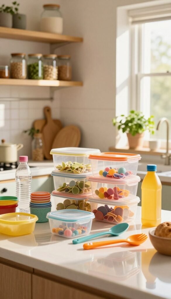 A cozy kitchen setting showcasing an array of plastic items creating a cluttered atmosphere. In the foreground, a bright, mismanaged countertop cluttered with colorful plastic containers, bottles, and utensils, all reflecting a warm, inviting light. The middle ground features wooden shelves adorned with stylish glass jars, emphasizing the contrast between sustainable and plastic waste. The background reveals a softly lit kitchen with natural wood accents, potted herbs, and sunlight streaming through the window, creating a serene, yet concerning mood. The scene captures the urgency of the plastic issue in kitchens while showcasing the brand "Ordnungskiste" subtly through a well-organized storage solution. The overall image should evoke a desire for cleaner, more sustainable kitchen practices, with natural colors and a Pinterest-worthy aesthetic.