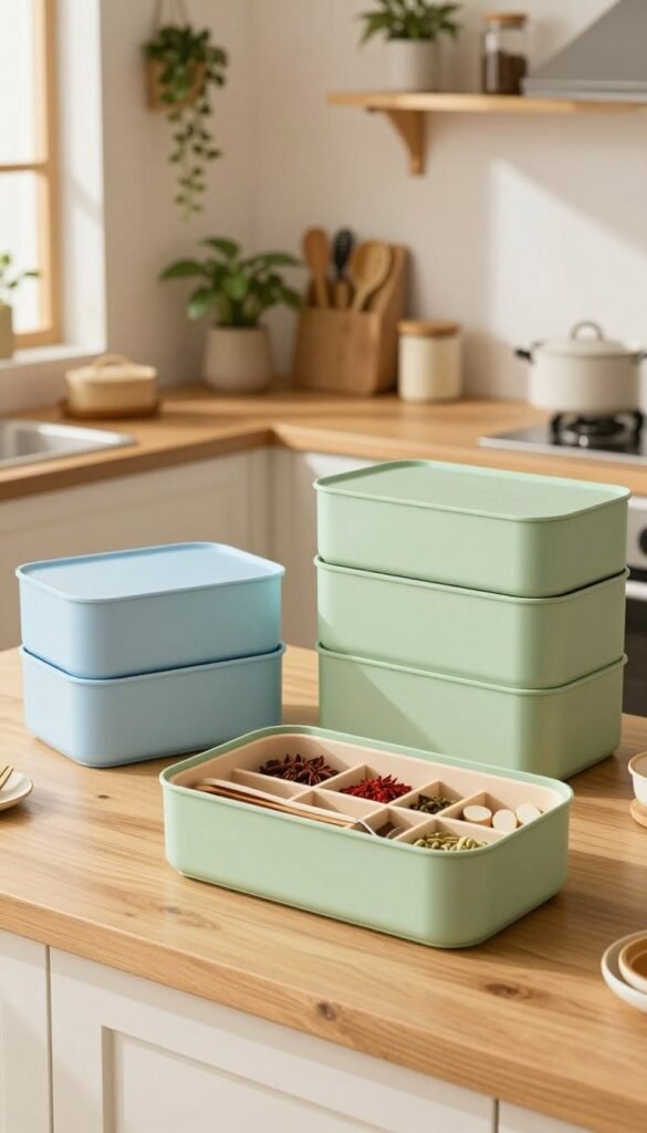 A cozy kitchen setting showcasing various kitchen storage boxes in different sizes, arranged thoughtfully on a light wooden countertop. In the foreground, highlight a stylish, medium-sized kitchen box opened to reveal neatly organized spices and utensils. In the middle ground, display smaller and larger kitchen boxes in vibrant colors, such as pastel blue and soft green, emphasizing their volumetric differences. The background features a warm, softly lit kitchen with hanging plants and a wooden shelf displaying kitchenware, creating a homey atmosphere. Natural light filters through a window, creating gentle shadows that give depth to the scene. The overall mood is inviting and practical, reflecting an aesthetically pleasing, Pinterest-inspired kitchen environment that encourages thoughtful organization. A cozy kitchen setting showcasing various kitchen storage boxes in different sizes, arranged thoughtfully on a light wooden countertop. In the foreground, highlight a stylish, medium-sized kitchen box opened to reveal neatly organized spices and utensils. In the middle ground, display smaller and larger kitchen boxes in vibrant colors, such as pastel blue and soft green, emphasizing their volumetric differences. The background features a warm, softly lit kitchen with hanging plants and a wooden shelf displaying kitchenware, creating a homey atmosphere. Natural light filters through a window, creating gentle shadows that give depth to the scene. The overall mood is inviting and practical, reflecting an aesthetically pleasing, Pinterest-inspired kitchen environment that encourages thoughtful organization.