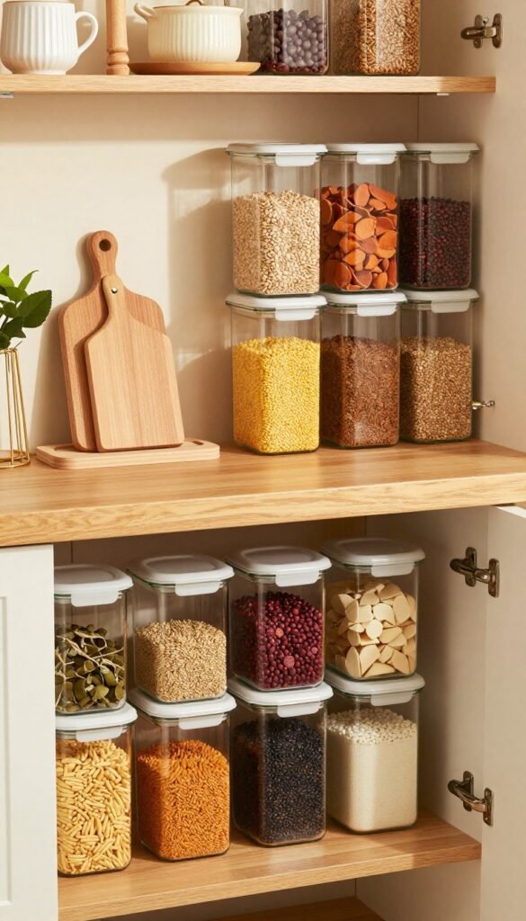 A cozy kitchen storage scene featuring an array of airtight containers in a modern, well-organized pantry. In the foreground, showcase clear glass jars filled with various colorful dry goods such as grains, legumes, and spices, elegantly arranged on wooden shelves. In the middle, include a wooden countertop with a stylish cutting board and a set of utensils, giving a sense of functionality. The background should display soft, warm lighting that creates an inviting atmosphere, with subtle green plants and decorative kitchenware enhancing the aesthetic. The overall mood should feel homey and practical, perfect for promoting effective kitchen organization.