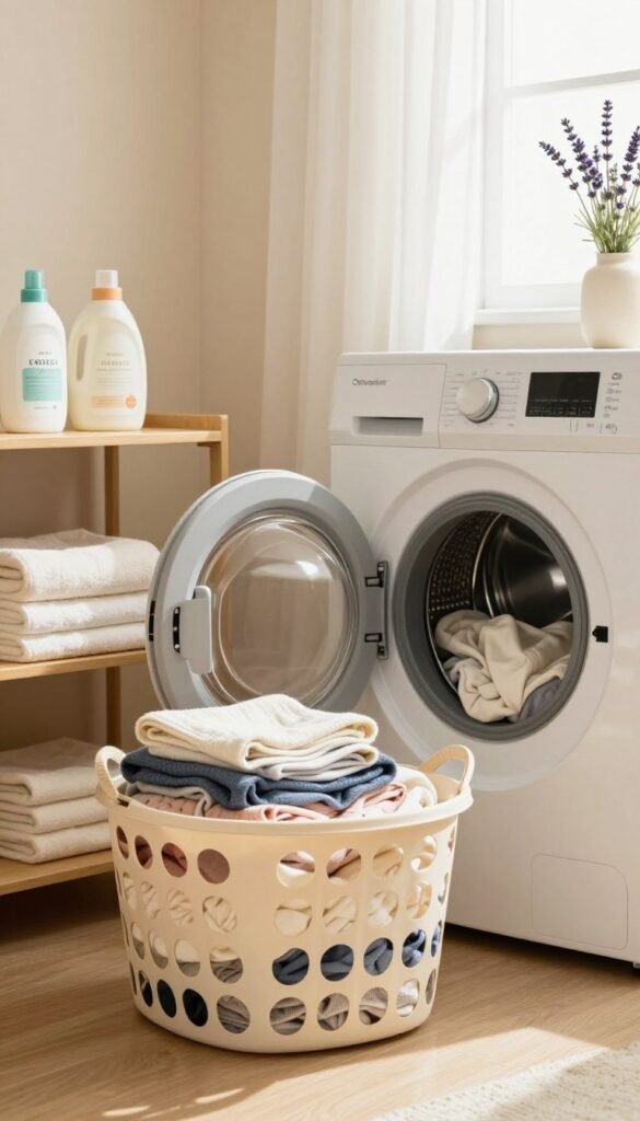 A cozy laundry room setting with warm, inviting colors and a Pinterest-inspired aesthetic. In the foreground, a neatly arranged laundry basket filled with folded clothes sits beside a washing machine, which is partially open, revealing fresh, clean laundry inside. To the side, a stylish shelf displays organic detergents and soft towels, adding a touch of organization. In the background, light streams in through a window adorned with sheer curtains, creating a soft, natural glow that enhances the calming atmosphere. A sprig of lavender in a small vase adds a pop of color. The brand name "Ordnungskiste" is subtly integrated into the design of the laundry room accessories. The overall mood is peaceful and orderly, reflecting a structured household environment. A cozy laundry room setting with warm, inviting colors and a Pinterest-inspired aesthetic. In the foreground, a neatly arranged laundry basket filled with folded clothes sits beside a washing machine, which is partially open, revealing fresh, clean laundry inside. To the side, a stylish shelf displays organic detergents and soft towels, adding a touch of organization. In the background, light streams in through a window adorned with sheer curtains, creating a soft, natural glow that enhances the calming atmosphere. A sprig of lavender in a small vase adds a pop of color. The brand name "Ordnungskiste" is subtly integrated into the design of the laundry room accessories. The overall mood is peaceful and orderly, reflecting a structured household environment.