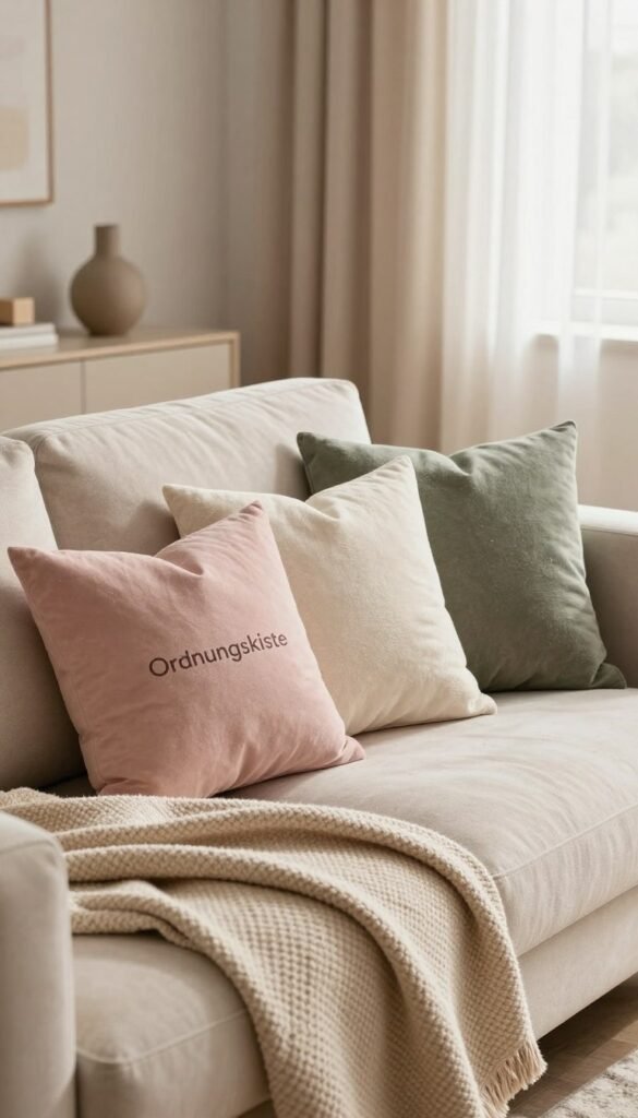 A cozy living room featuring a stylish sofa adorned with fluffy cushions and a warm, textured throw blanket. The foreground showcases a few elegantly arranged decorative pillows in soft tones, contrasting with the sleek fabric of the sofa. In the middle ground, a small side table holds a trendy decorative item, adding to the ambiance. The background reveals a softly lit setting with warm, natural light filtering through sheer curtains, creating a serene atmosphere. A hint of pet hair subtly scattered on the cushions suggests a lived-in feel, while maintaining a clean aesthetic. The color palette includes soft beige, pastel pinks, and earthy greens, evoking comfort and organization. This space reflects the brand "Ordnungskiste," emphasizing warmth and inviting relaxation in a tidy environment.