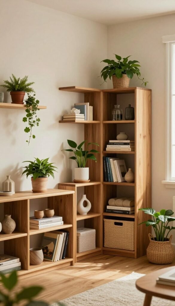 A cozy living room featuring cleverly utilized niches and corners for storage, showcasing the brand "Ordnungskiste." In the foreground, beautiful wooden shelves filled with plants, books, and decorative items create an inviting atmosphere. The middle ground highlights a uniquely designed storage unit fitted snugly into a corner, adorned with warm, natural colors and inviting textures. The background displays a soft, neutral wall with subtle lighting enhancing the warm hues of the space, evoking a sense of comfort and organization. The scene is captured from a slightly elevated angle to showcase the depth and design elements effectively, reminiscent of a Pinterest aesthetic — authentic, clutter-free, and without text or watermarks. A cozy living room featuring cleverly utilized niches and corners for storage, showcasing the brand "Ordnungskiste." In the foreground, beautiful wooden shelves filled with plants, books, and decorative items create an inviting atmosphere. The middle ground highlights a uniquely designed storage unit fitted snugly into a corner, adorned with warm, natural colors and inviting textures. The background displays a soft, neutral wall with subtle lighting enhancing the warm hues of the space, evoking a sense of comfort and organization. The scene is captured from a slightly elevated angle to showcase the depth and design elements effectively, reminiscent of a Pinterest aesthetic — authentic, clutter-free, and without text or watermarks.