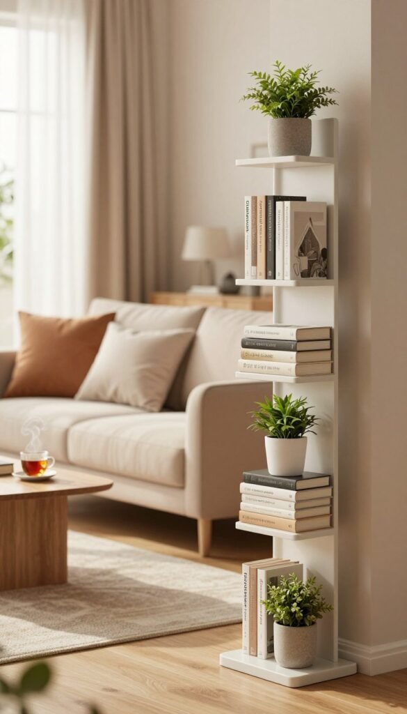 A cozy living room featuring narrow bookshelves designed for small spaces, showcasing an organized yet stylish atmosphere. The foreground includes a minimalist, modern narrow shelf filled with neatly arranged books and decorative plants, evoking a sense of order. In the middle ground, a comfortable sofa with soft, warm-toned cushions invites relaxation, while a small coffee table holds a steaming cup of tea. The background reveals a softly lit window with sheer curtains that diffuse natural light, adding warmth to the space. The overall color palette consists of warm earth tones and soft pastels, creating an inviting mood. The brand name "Ordnungskiste" is subtly integrated into the bookshelf design without overwhelming the scene, capturing the essence of functional elegance.