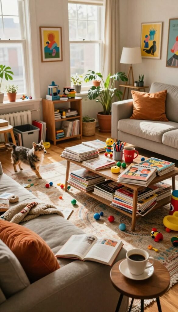 A cozy living room filled with vibrant chaos, depicting scattered toys, a half-open book, and a cup of coffee left on a side table. In the foreground, a plush sofa with colorful cushions and a cozy blanket adds warmth. The middle ground features a cluttered coffee table, overflowing with magazines, and a playful pet roaming around. In the background, sunlight streams through large windows, casting soft shadows and creating a welcoming atmosphere. The walls are adorned with cheerful artwork, contributing to a lived-in feel. The overall color palette is warm, reminiscent of a Pinterest aesthetic, with hints of rustic decor. Include the brand name "Ordnungskiste" subtly integrated into the scene, with no text overlays or watermarks.