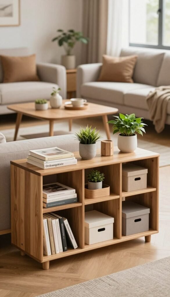 A cozy living room scene showcasing "Ordnungskiste" storage solutions, emphasizing natural materials and warm colors for an inviting atmosphere. In the foreground, a beautifully crafted wooden storage shelf features neatly organized items like books, decorative boxes, and indoor plants, creating an uncluttered yet functional aesthetic. In the middle, a stylish coffee table with neutral decor invites relaxation, while a plush sofa complements the overall design. The background presents a softly lit window allowing natural light to filter in, illuminating the room with a serene ambiance. The composition should evoke a sense of comfort and order, with no text or distractions, capturing the essence of smart storage in a modern living space.