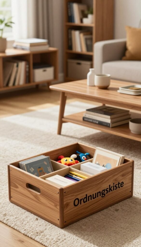 A cozy living room scene showcasing effective decluttering tips and methods. In the foreground, a stylish wooden storage box labeled "Ordnungskiste" sits open, revealing neatly organized household items like books, toys, and stationery. In the middle ground, a well-arranged bookshelf and a spick-and-span coffee table adorned with minimalistic decor elements exude a sense of order. In the background, soft natural light streams through a nearby window, highlighting warm colors and a welcoming atmosphere. The image captures a tranquil and inspiring environment focused on creating structure at home. The overall mood is calming and inviting, perfect for illustrating practical organization techniques. No text or branding is included in the image.